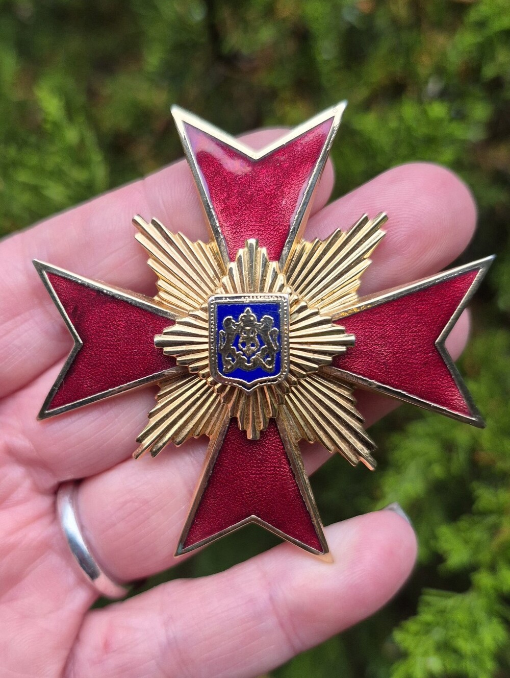 Vintage Maltese Cross Lion Shield Heraldic Style Coat Of Arms Brooch 1970s 2.5"